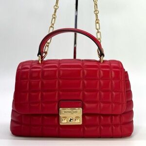 Michael Kors Tribeca Medium Quilted Leather Satchel Bag Crimson Red